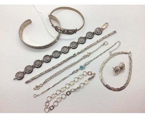An Assortment of "925" and Other Braceelts, to include panel bracelet of swirl design (with matched earrings), weaved flat li