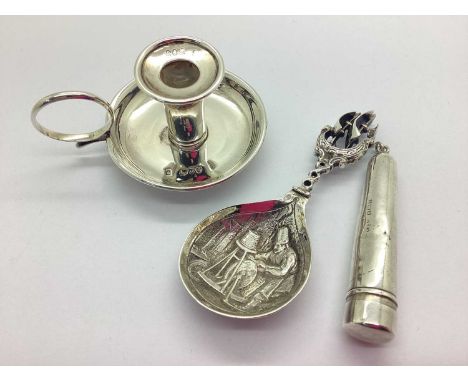 A Hallmarked Silver Chamberstick, London 1891, together with a hallmarked silver cheroot holder, Birmingham 1918, a novelty c