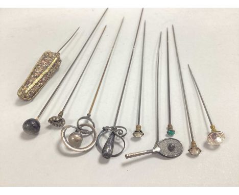 Charles Horner; A Hallmarked Silver Novelty Tennis Racquet and Ball Finial Hat Pin, Chester 1908, overall length 19.5cm; Anot
