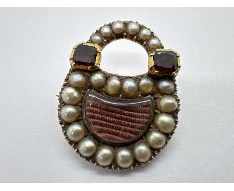 An Antique Pearl Set Locket Brooch, with central crescent shape glazed panel (rose colour closed back setting), 2.7cm long.Th
