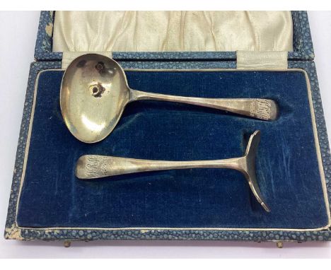 Walker &amp; Hall; A Hallmarked Silver Baby Spoon and Pusher, Sheffield 1930, initialled "JRH" and dated "14.3.31", in a non 