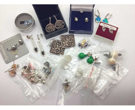 An Assortment of "925" and Other Earrings, to include Kit Heath Celtic style drops, floral panel design, hardstone inset, ear