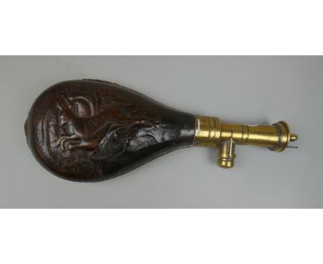 Powder flask in embossed leather marked Dixon and Sons 