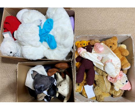 Five leather soft toys including musical koala bear playing Waltzing Matilda; sixteen assorted white plush soft toys; and six