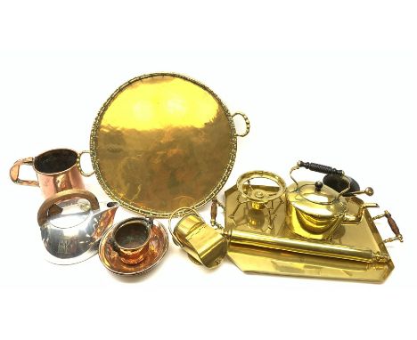 A group of brass and copper, to include brass spirit kettle, brass tray with bamboo modelled gallery, brass rolling pin, copp