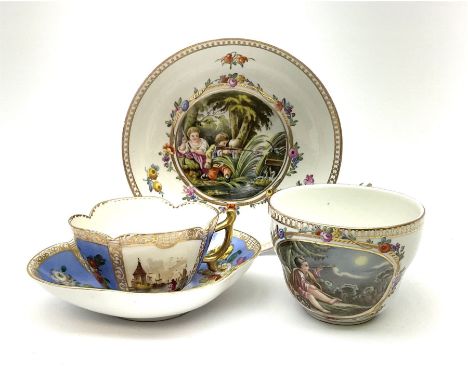 A 19th century Helena Wolfsohn Augustus Rex mark cup and saucer, of quatrefoil form, the cup painted with panels of flowers a