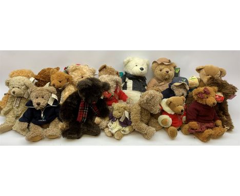 Seventeen Russ teddy bears including Tennyson, Brawson, Beckett, Honeyfitz, Center Parcs, Chips, Monty, Ewan, Radcliffe, Maud