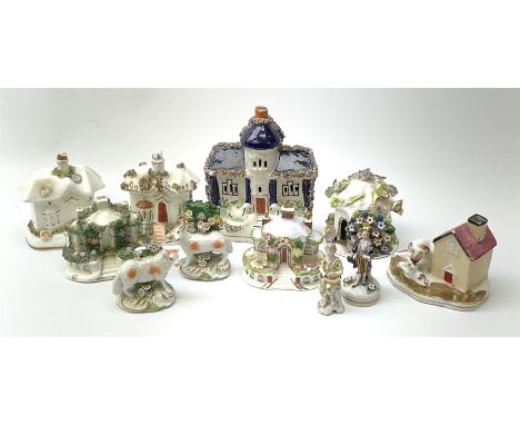 Five Victorian Staffordshire houses, a Coalport example, a Victorian Staffordshire model of a dog kennel with dog and puppy, 