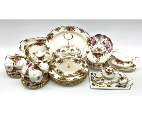 Royal Albert Old Country Roses pattern tea and dinner wares, comprising teapot, six teacups, six saucers, milk jug, open sucr