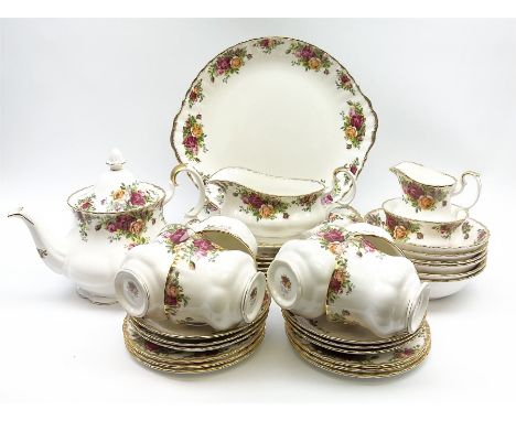 Royal Albert Old Country Roses pattern tea and dinner wares, comprising teapot, six teacups and six saucers, milk jug, open s