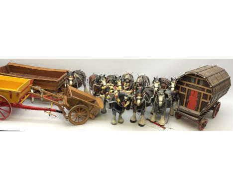 Ceramic shire horses including pairs, 'Romany Rose' gypsy style caravan and various models of horse drawn cartsClick here to 