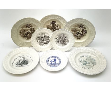A group of eight Staffordshire nursery type plates, to include two examples detailed 'Zebra Hunt', another detailed 'Fox Hunt