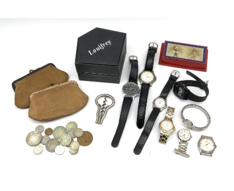 Poljot 18 jewels manual wind wristwatch, various other wristwatches, folding corkscrew,  George V Coronation medal, two purse