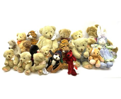 Eleven Russ teddy bears including Edward, two Standard tigers, Coleridge, Heart Throbs, Wishlings 'Boomer', Alpine Lodge 'Bum