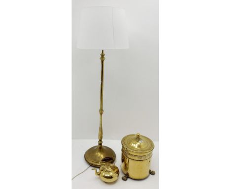 19th/ early 20th century cylindrical brass coal bin and cover on three lion paw feet, H40cm, brass kettle and a brass standar