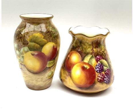 Two small Royal Worcester fruit painted vases, hand painted with apples and grapes, and apples and blackberries, the first ex