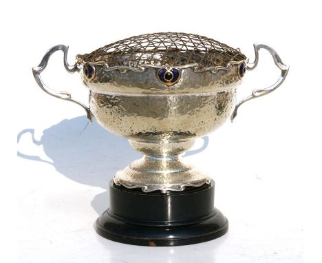 An Art Nouveau silver plated two-handled rose bowl on stand with enamel decoration, 21cms (8.25ins) diameter.