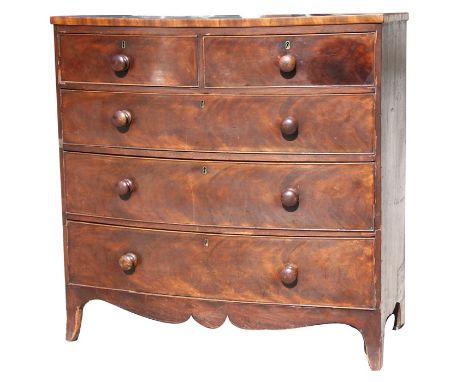 A Victorian mahogany bowfront chest of two short and three long drawers, on bracket feet, 104cms (41ins) wide.