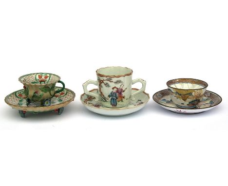 A Chinese famille rose two-handled cup &amp; saucer decorated with figures; together with a Chinese enamel tea bowl and sauce