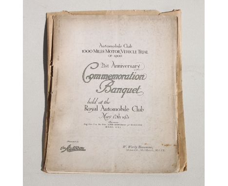 A 21st Anniversary Automobile Club commemorative banquet brochure, for the 1000 miles Motor Vehicle Trial of 1900, held on My
