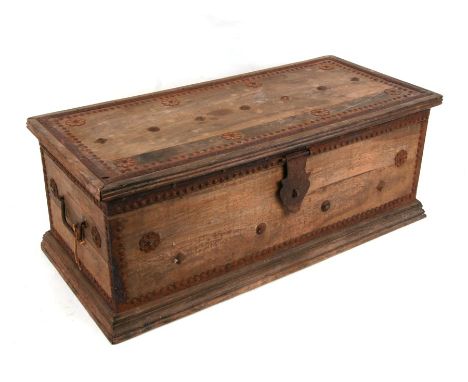 A small iron bound hardwood trunk, 63cms (24.75ins) wide.