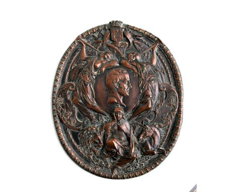 An oval copper plaque decorated in relief with angels playing horns, Britannia flanked by a lion and a unicorn and central bu