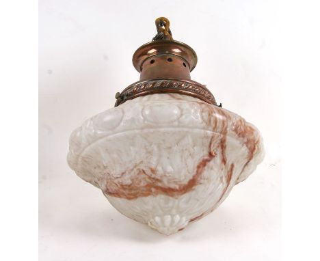 An early 20th century marbled glass and copper ceiling light, 38cms (15ins) high.