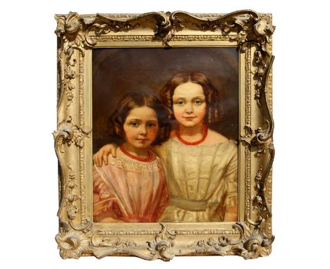 Early 19th century school - Portrait of Two Young Girls - oil on canvas, framed, 50 by 60cms (19.75 by 23.5ins).