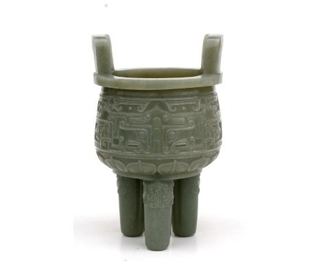 A Chinese two-handled jade / hardstone censer with archaic style decoration, 13cms (5ins) high.