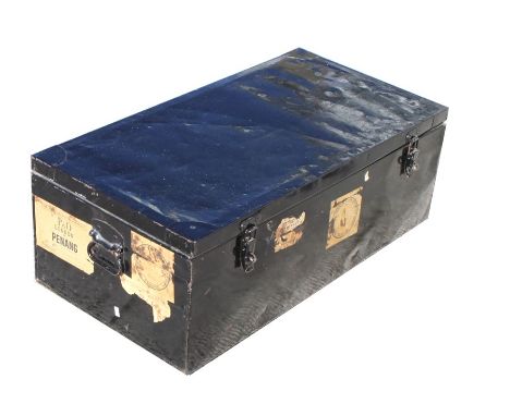 A vintage tin travelling trunk with various labels including 'P&amp;O London to Penang', 92cms (36ins) wide.Condition ReportD