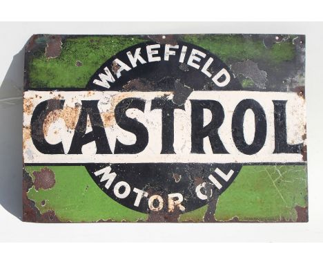 A 1930s Wakefield CASTROL Oil enamel advertising sign, 76 x 51 cm, 30 x 20 inches, repairs, corrosion damage and re-painting