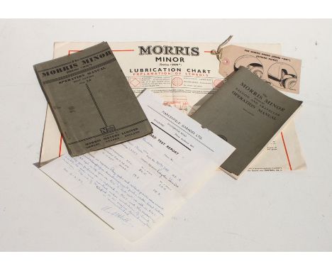 A Morris Minor (Series MM) operation manual, a lubrication chart, a road test report and an operation manual for a Morris Min