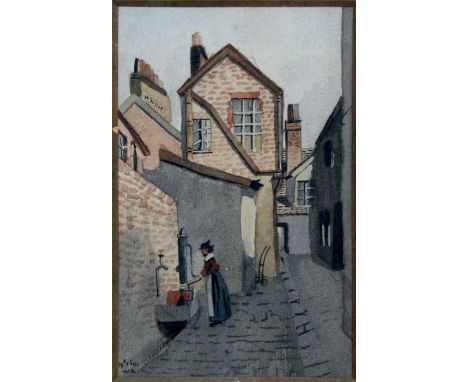 H Scott - Cobbled Street Scene With a Woman at a Water Trough -  watercolour, framed &amp; glazed, 11 by 17cms (4.24 by 6.5in