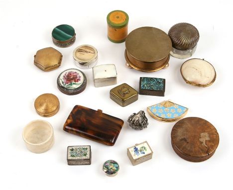 A micromosaic pill box, a burr wood snuff box and other small boxes.
