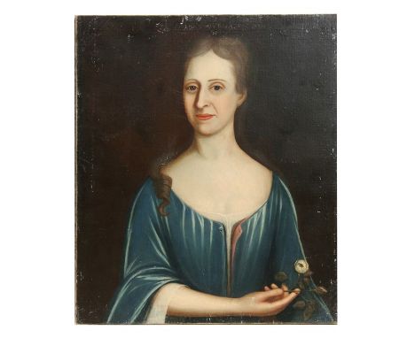 19th century English school - Head &amp; Shoulder Portrait of a Lady in a Blue Velvet Dress Holding a White Rose - oil on can