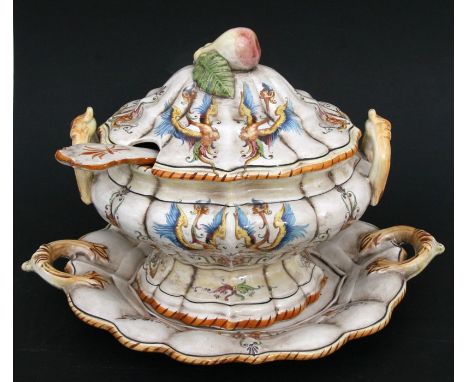 A large Capodimonte soup tureen and cover with ladle on stand, 46cms (18ins) wide.