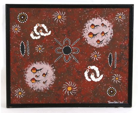 Tommy Crow, Aboriginal artwork depicting stylised ant and grubs, signed and dated 2002 lower right corner, oil on board, fram