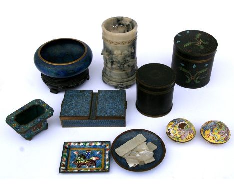 A Chinese soapstone brush pot, 14cms (5.5ins) high; together with a pair of Chinese enamel boxes of compressed globular form 