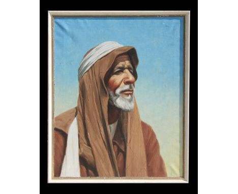 20th century modern British - a head and shoulder portrait of an Arab Bedouin, oil on canvas, framed, 40 by 50cms (16 by 19.7