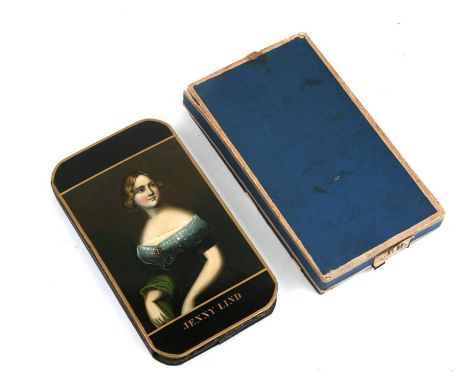 A continental lacquer Segar's (cigar's) pouch decorated with a portrait miniature depicting Jenny Lind, a Swedish opera singe