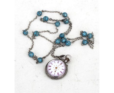 A silver longguard with blue enamel pierced beads; together with a silver case open faced fob watch (2).