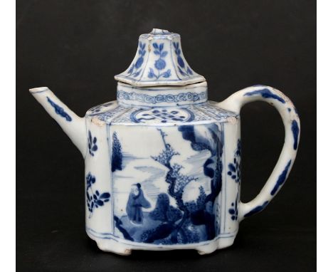 A Chinese Kangxi blue &amp; white teapot decorated with figures, birds and flowers, 13cms (5ins) high.Condition ReportLoss to