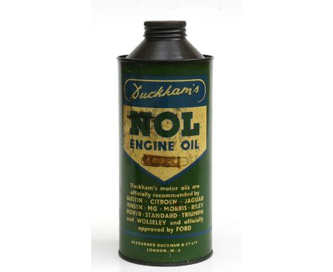 An original Duckhams NOL Engine Oil quart can, ‘Officially Recommended for Austin, Jaguar, Jenson, MG,Ford and Others’