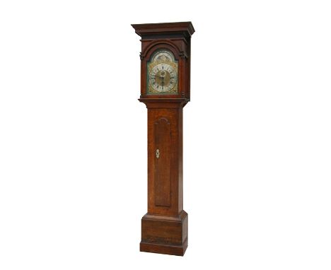 A longcase clock, the 30cm brass square arched dial with phase of the moon subsidiary seconds dial, silvered chapter ring wit