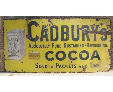 A pictorial enamel advertising sign, Cadburys Absolutely Pure - Sustaining - Refreshing Cocoa Sold in Packets and Tins, manuf