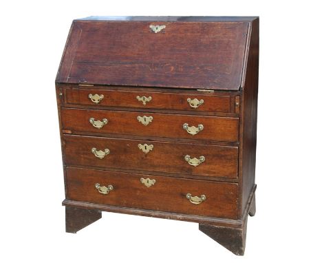 A 19th century oak bureau with fall-front flap revealing a fitted interior above four long graduated drawers, on bracket feet