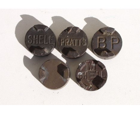 Five original brass 2 gallon petrol can caps, for Shell, Shell Mex, BP, Pratts and one un-named (5)