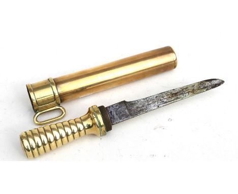 A brass diver's knife in cylindrical scabbard, 36cms (14ins) long.