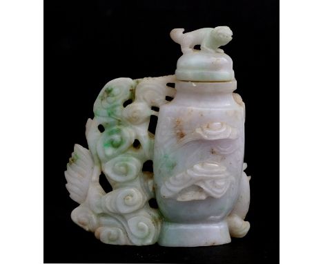 A Chinese green figured jade / hardstone vase &amp; cover with dragon and phoenix decoration and fo dog finial, 10cms (4ins) 