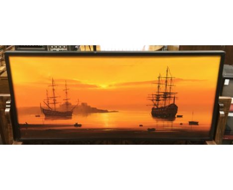 A vintage oil painting rigged sailing ships.Approx 49x104cm